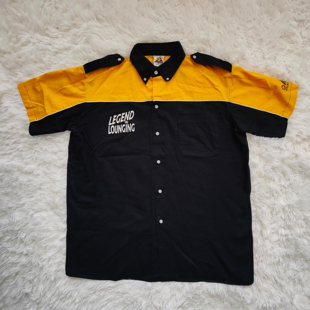 Vintage Moto Speed Zone Racing F1 Pit Crew Button Up Shirt Yellow Black Mens Lrg